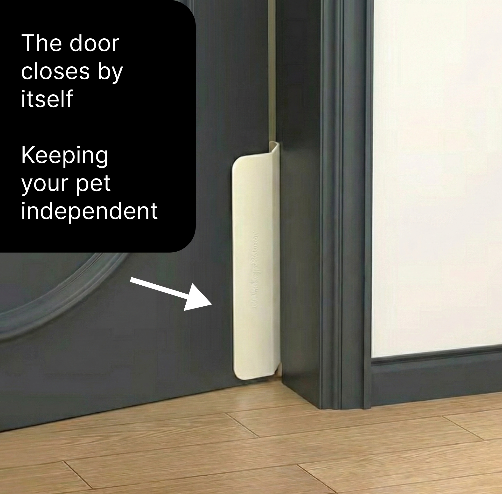 Automatic door closer with text indicating it keeps pets independent