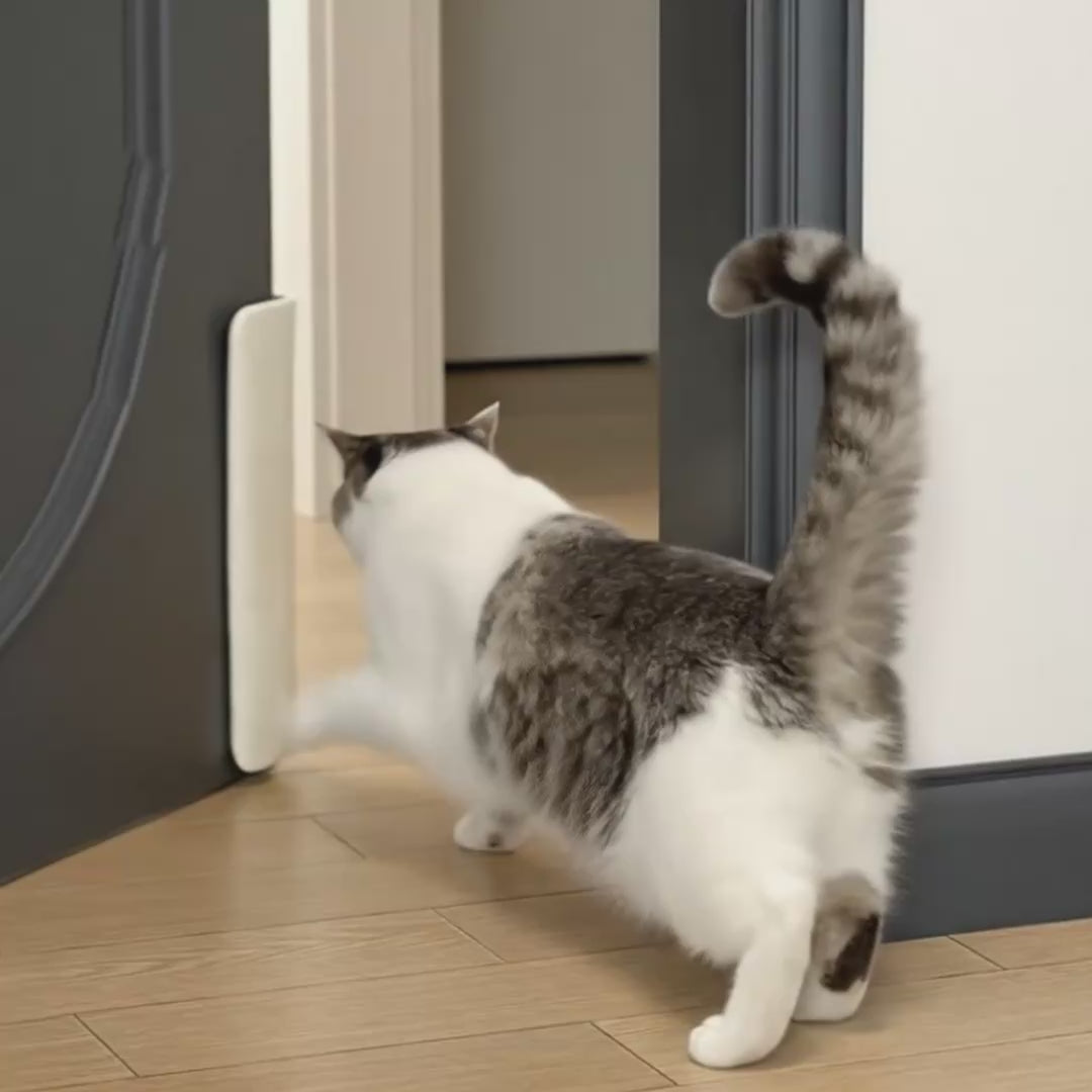 A curious cat walks through a slightly open bedroom door fitted with the Pet Portal smart door opener. The door gently closes behind it using the elastic tension cord, showing how the product lets pets move freely between rooms without leaving the door open.